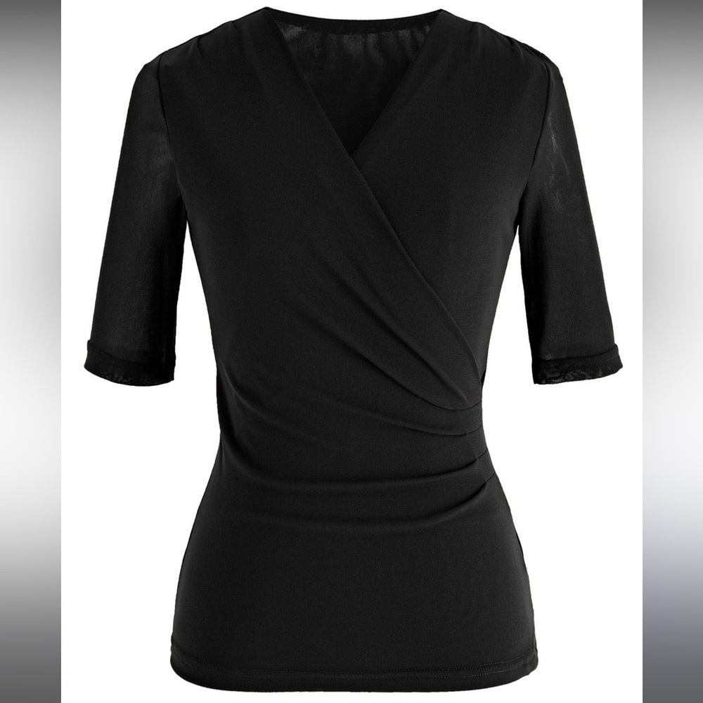 (2) N - CHIC WISH FAUX WRAP SOFT MESH ELBOW SLEEVE TOP IN BLACK